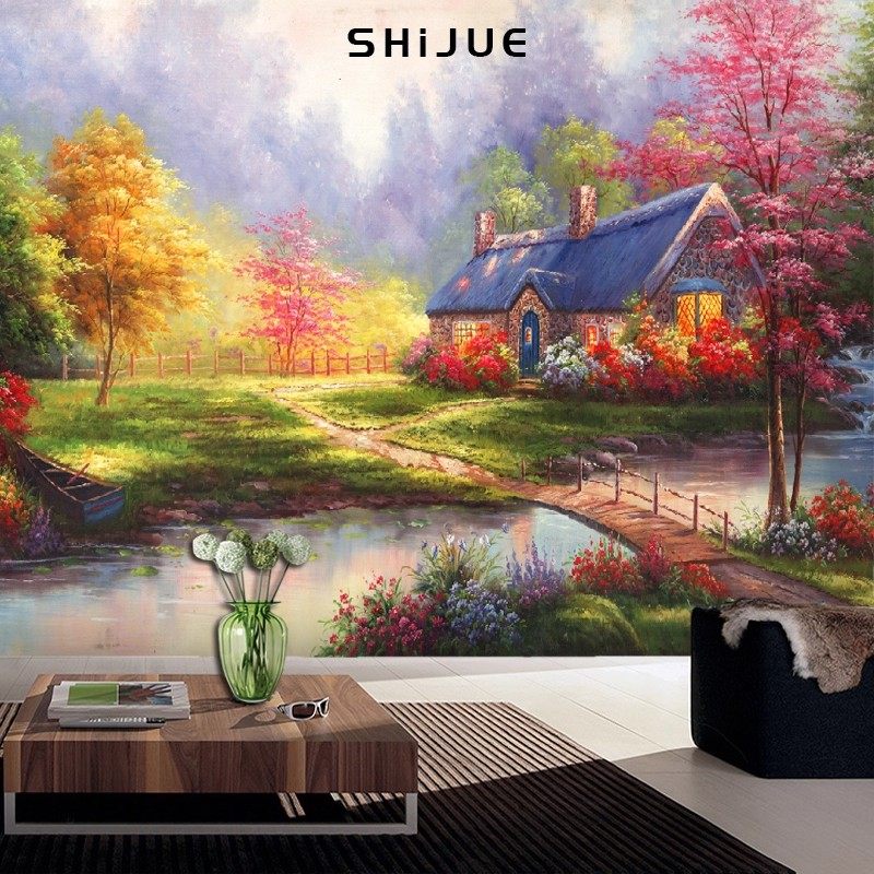 手绘唯美风景油画墙纸客厅电视背景墙壁纸民宿酒店壁布森林8d墙布