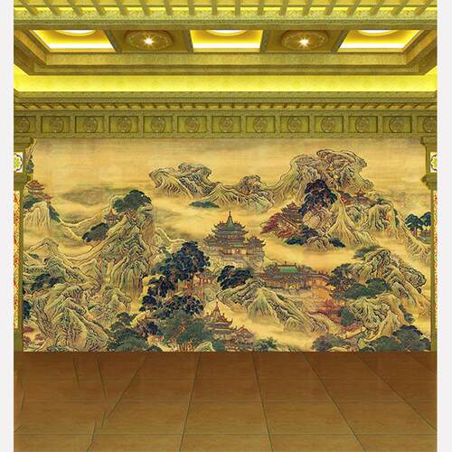 寺庙山水画背景墙堂口墙布壁纸蓬莱仙境佛堂中式新图墙纸客厅国画