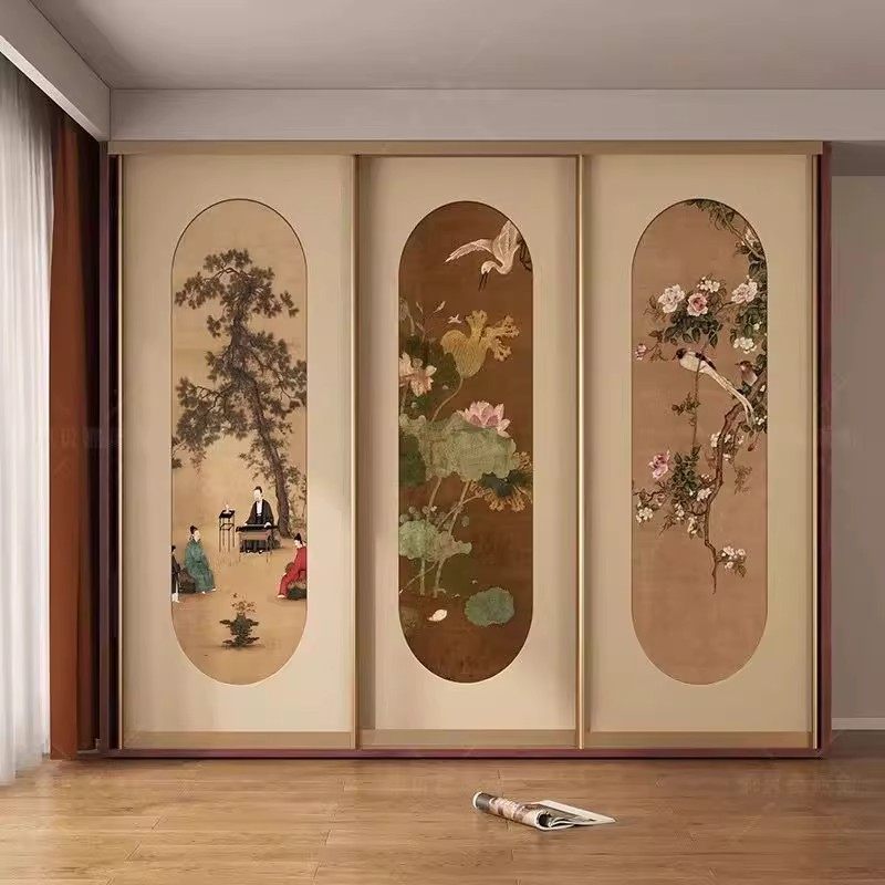 中式古典屏风壁布中古风玄关过道定制墙布壁画新中式竖版国风壁纸