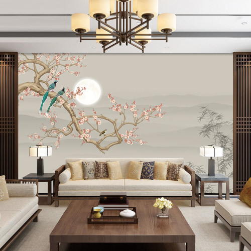 新中式国风花鸟壁纸客厅电视背景墙壁布花鸟图酒楼茶室美容院墙纸
