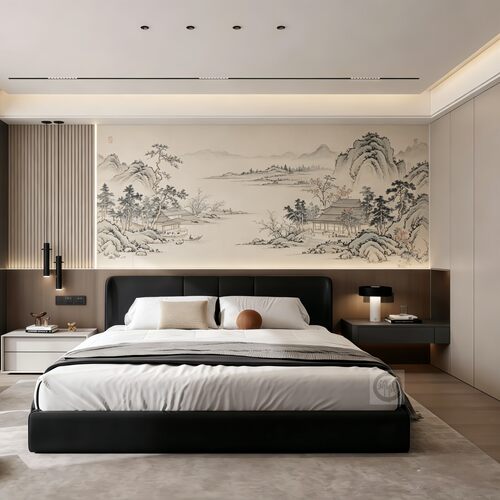 新中式禅意山水背景墙壁画定制