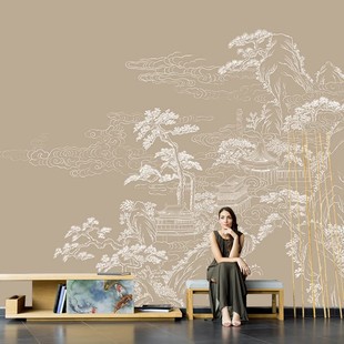 新中式古典山水画电视背景墙纸客厅沙发墙布酒店壁纸无缝卧室壁画