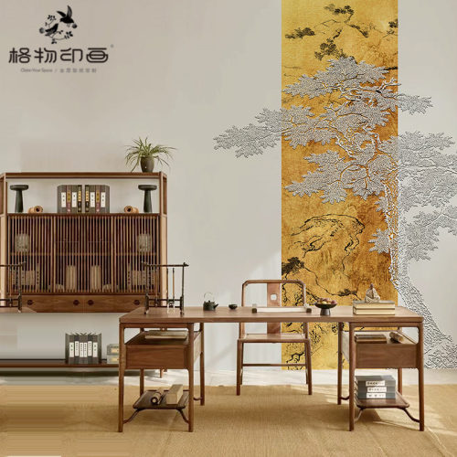 中式国风招财金箔墙布