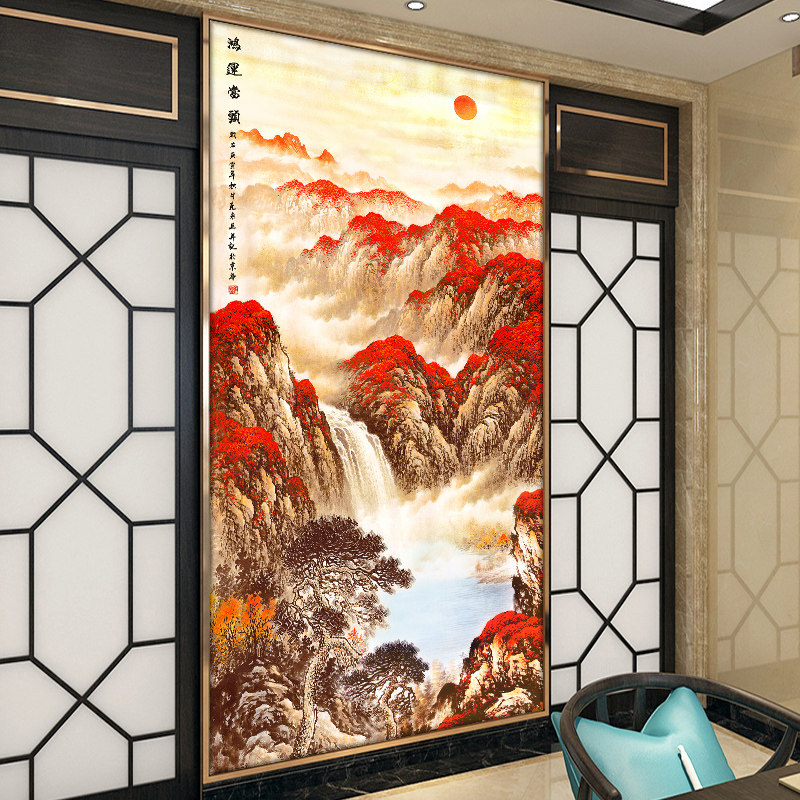 中式入户玄关背景墙壁纸鸿运当头走廊过道墙布山水会议室茶厅墙纸,家装主材,定制壁画,淘宝优惠券,粉丝福利购,淘宝优惠卷