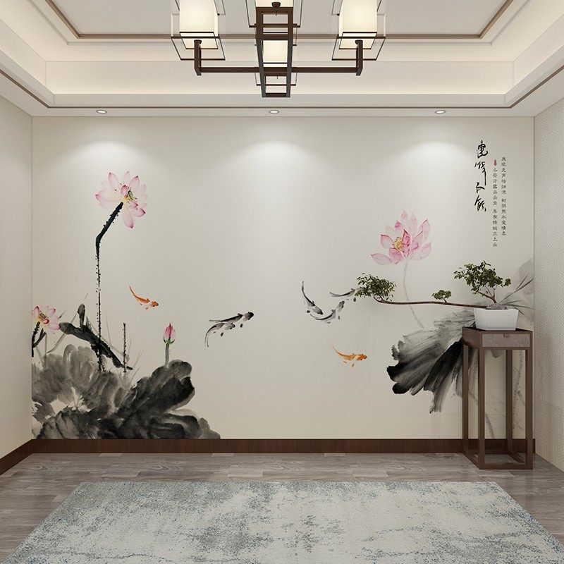 新中式荷花电视背景墙壁纸现代简约客厅卧室墙纸禅意莲花装饰壁画