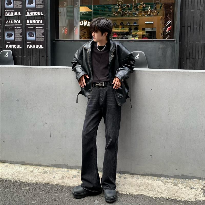 李迟了美式高街潮流痞帅风复古水洗显瘦直筒微喇黑色牛仔裤男秋冬