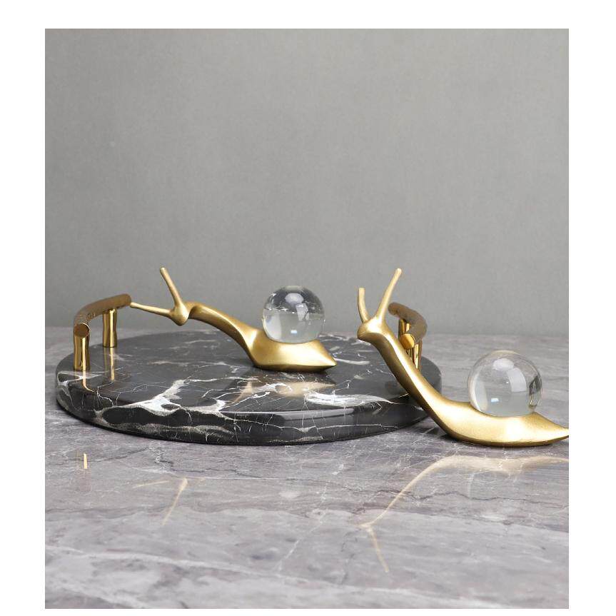 新中式创意蜗牛大理石托盘摆件卧室客厅样板房电视柜书房家居饰品