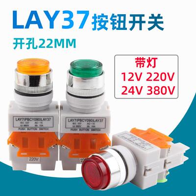 按钮开关LAY7(PBCY090) LAY37自锁复位按钮带灯12V24V220V380V