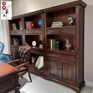 美式 复古书柜实木书架置物架黑胡桃木展示收纳抽屉柜组合书房家具