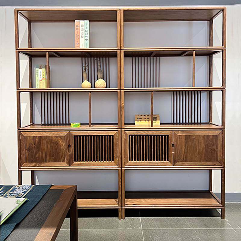 实木博古架新中式书架黑胡桃木置物架老榆木书柜组合禅意简约茶室