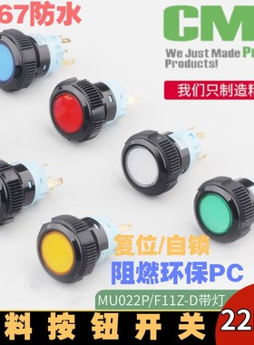 西普开关22mm黑色塑壳复位按钮开关带灯24V防水自锁启动按键IP67