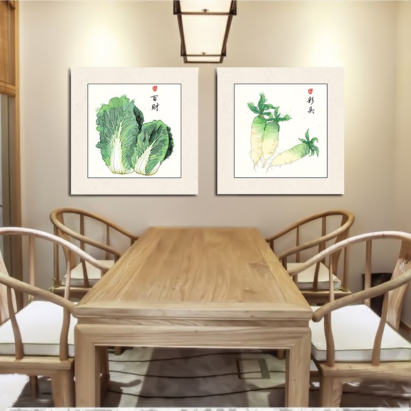 速发餐厅装画果事事如意饭厅厨房挂画有框新中式水画蔬菜墙贴壁饰