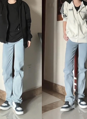 美式浅蓝色弯刀牛仔裤男春秋ootd穿搭情侣裤子修身高街微喇直筒裤