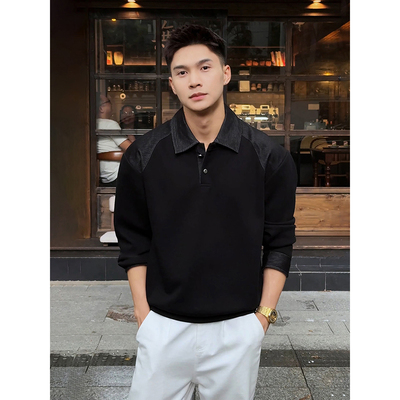黑色亨利领正肩polo衫男秋季潮牌
