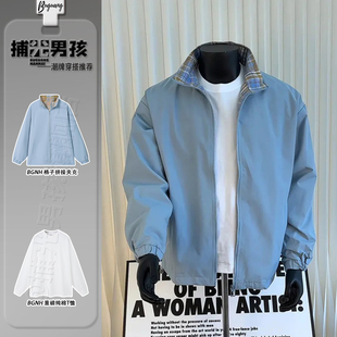 fitcheck格子拼接夹克男春季叠穿纯棉t恤立领外套美式翻领棒球服