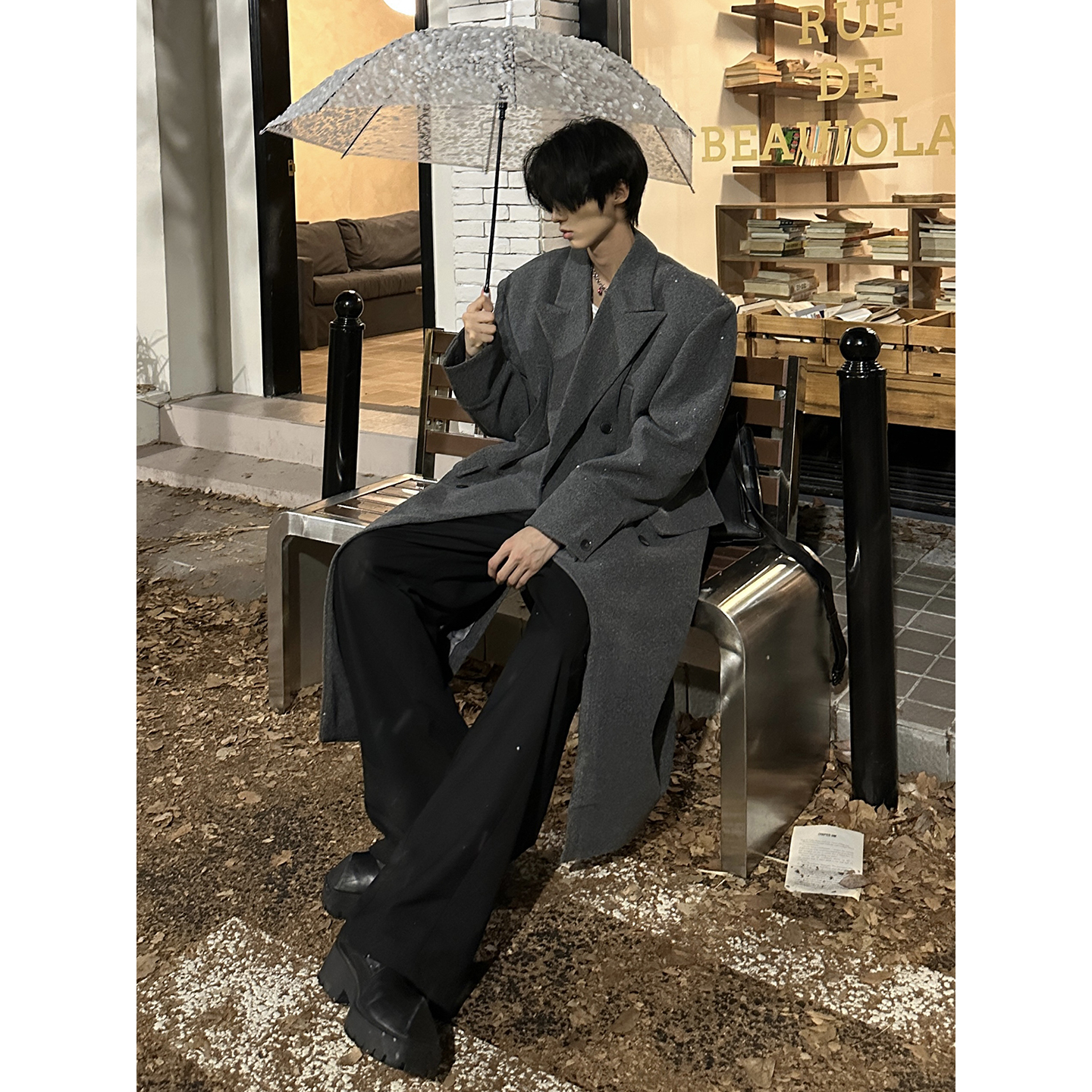 韩版英伦风解构垫肩毛呢大衣秋冬