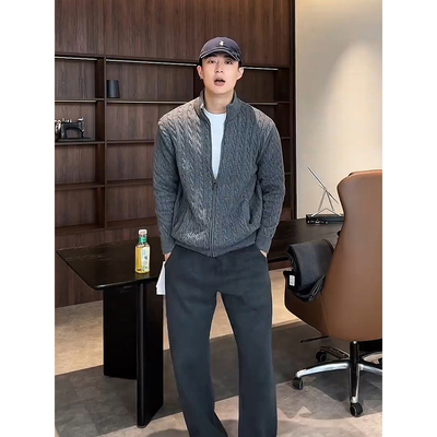 灰色麻花纹开衫毛衣男秋冬季韩系