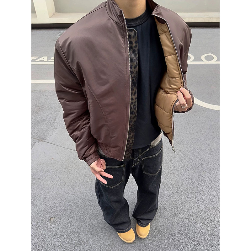 三幻蛇褐色拼接棉服短款厚外套