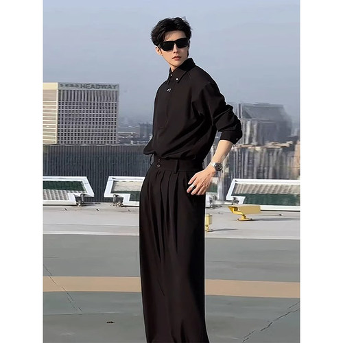 黑色显肩宽休闲套装男生夏日穿搭