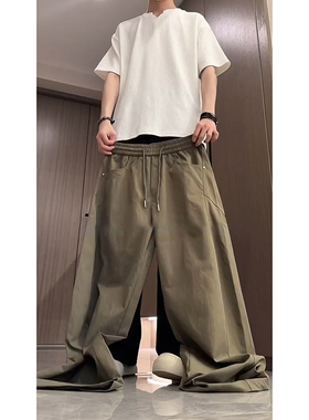 军绿色斜切弯刀裤子男款夏季美式凉感冰丝裤设计感薄款速干休闲裤