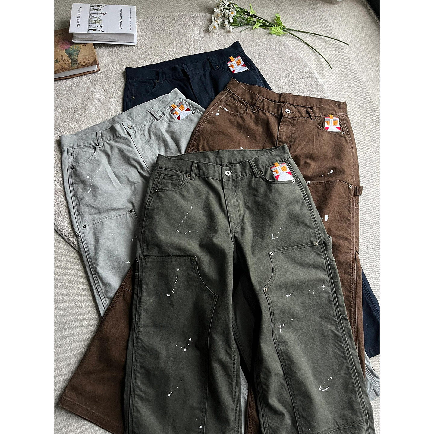 苔藓绿泼墨水洗工装牛仔裤男款春季水洗阔腿裤子宽松百搭休闲长裤,男装,牛仔裤,淘宝优惠券,粉丝福利购,淘宝优惠卷