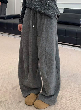 深灰色高腰直筒阔腿裤男女冬季加绒加厚裤子美式慵懒风云朵弯刀裤