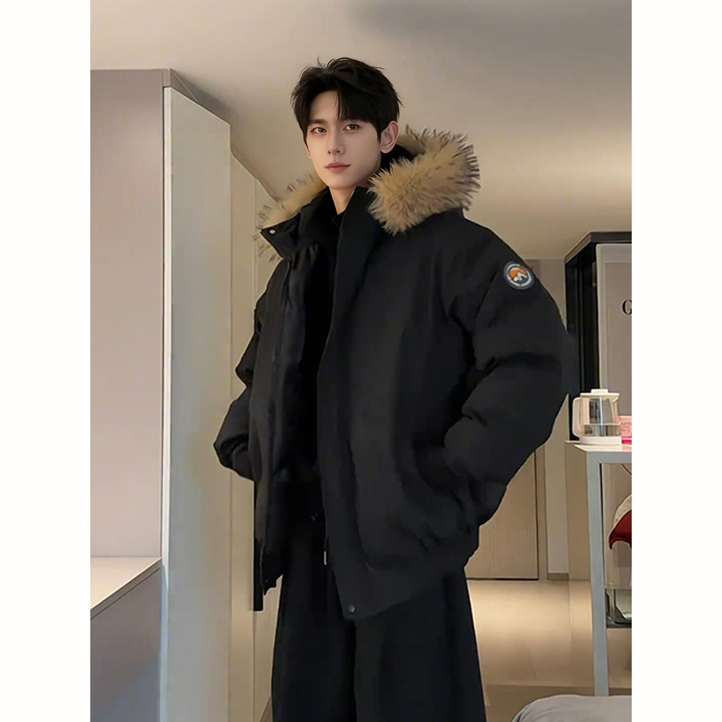 美式黑色派克羽绒棉服男款冬季