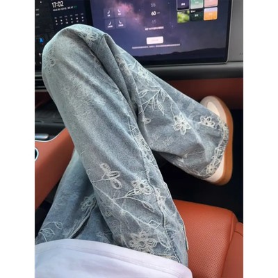 浅蓝色提花牛仔裤男秋季