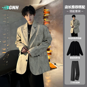 潮牌痞帅西服夹克美式 老钱风垫肩廓形休闲西装 男外套春秋季 dk制服