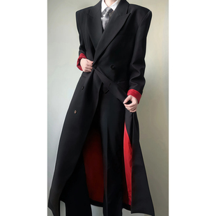 黑色红内长款 外套高级感教父大衣 风衣男过膝英伦风垫肩戗驳领西装