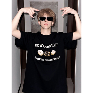 甜甜圈印花男生纯棉短袖hiphop美式高街t恤高克重磅硬挺正肩半袖