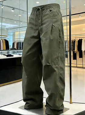 军绿色褶皱弯刀裤男款春秋季美式vibe运动休闲裤子美式情侣阔腿裤