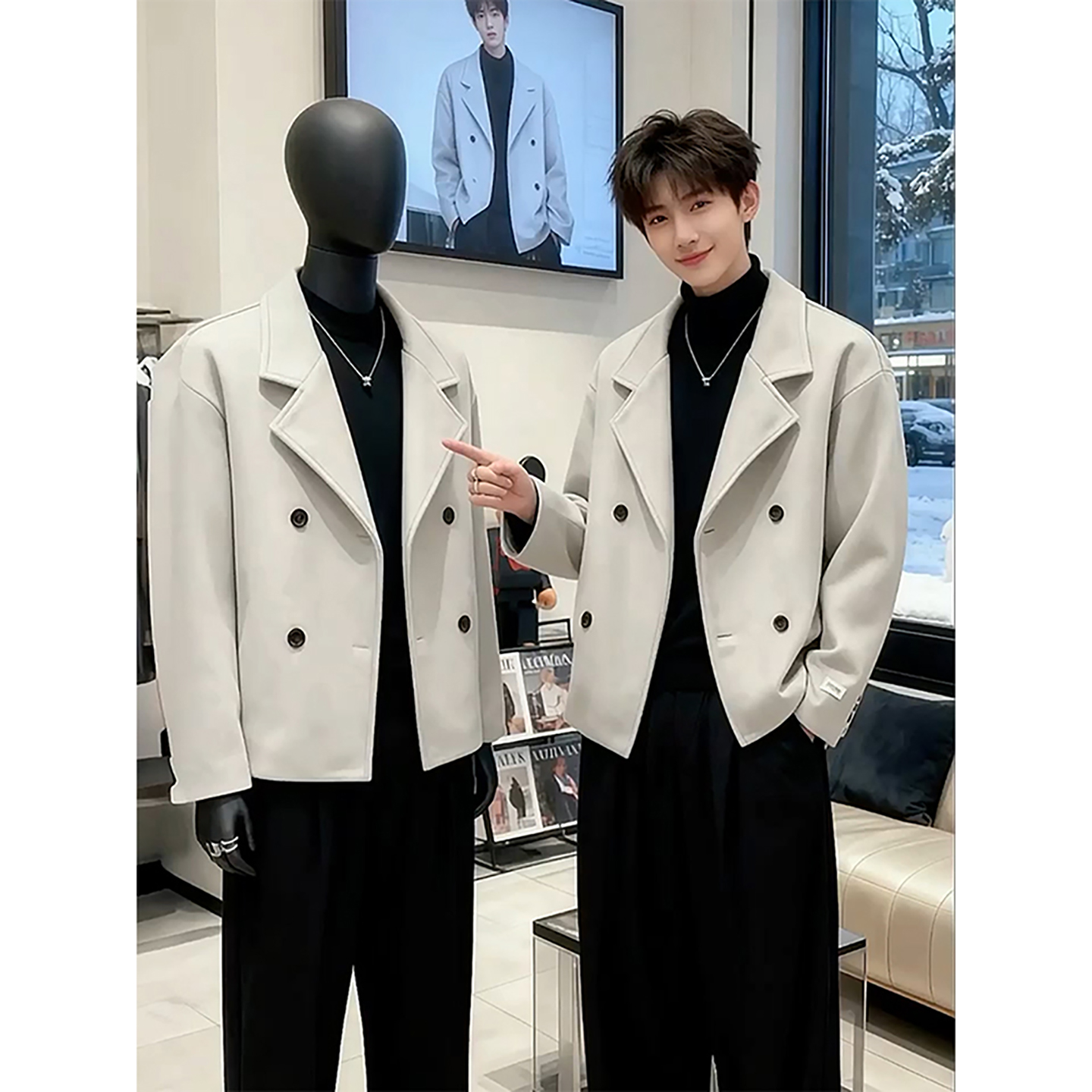 米白色短款毛呢大衣男冬季加棉加厚双排扣呢子外套英伦风西装夹克