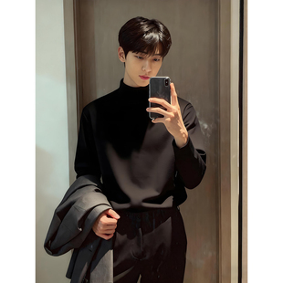 黑色半高领德绒打底衫男秋冬季加绒高级感内搭卫衣人夫感长袖t恤