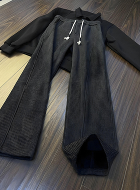 黑色美式灯芯绒裤子男款冬季加绒加厚弯刀卫裤直筒斜切微喇休闲裤