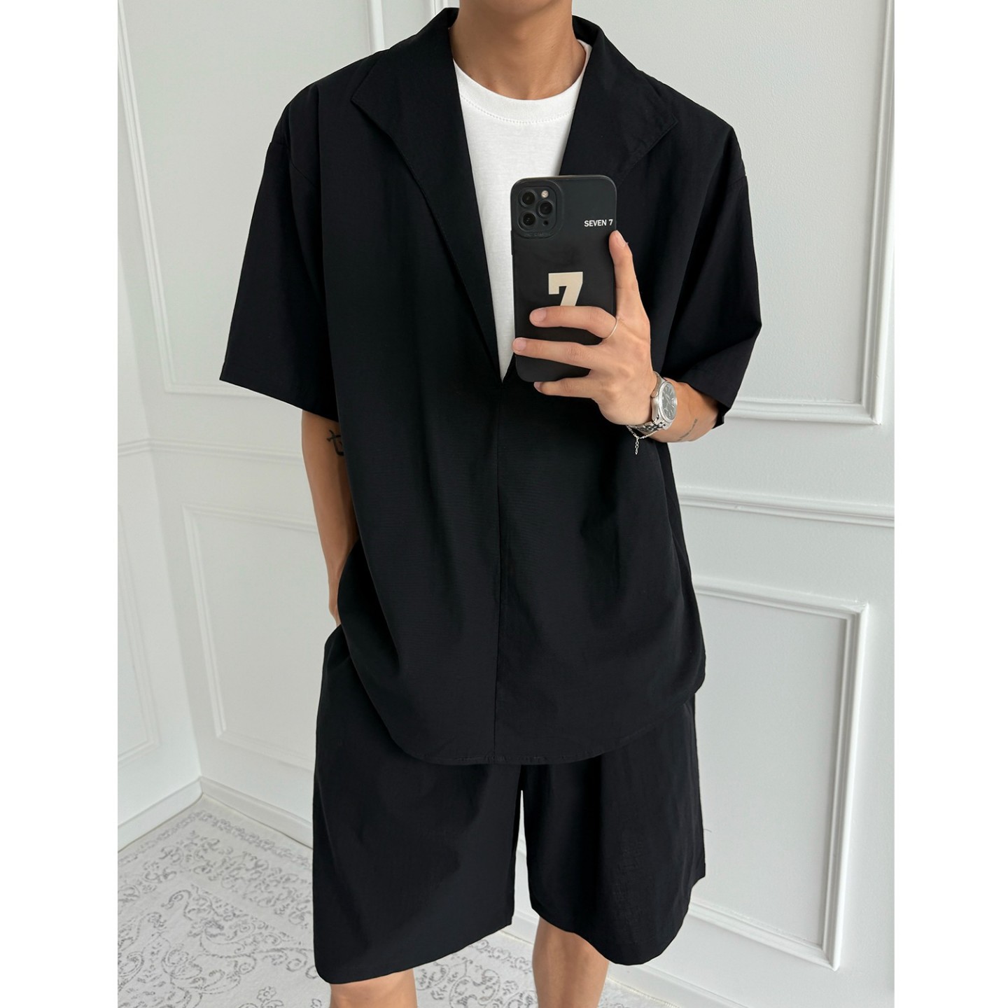 黑色假两件v领短袖衬衫男夏季