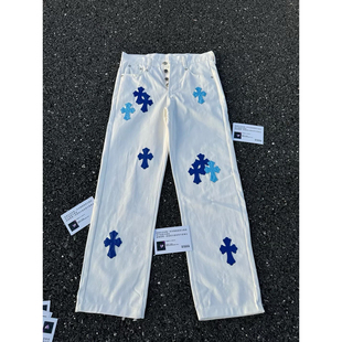 白色十字架刺绣牛仔裤男款秋季美式提档裤子设计感宽松直筒微喇裤
