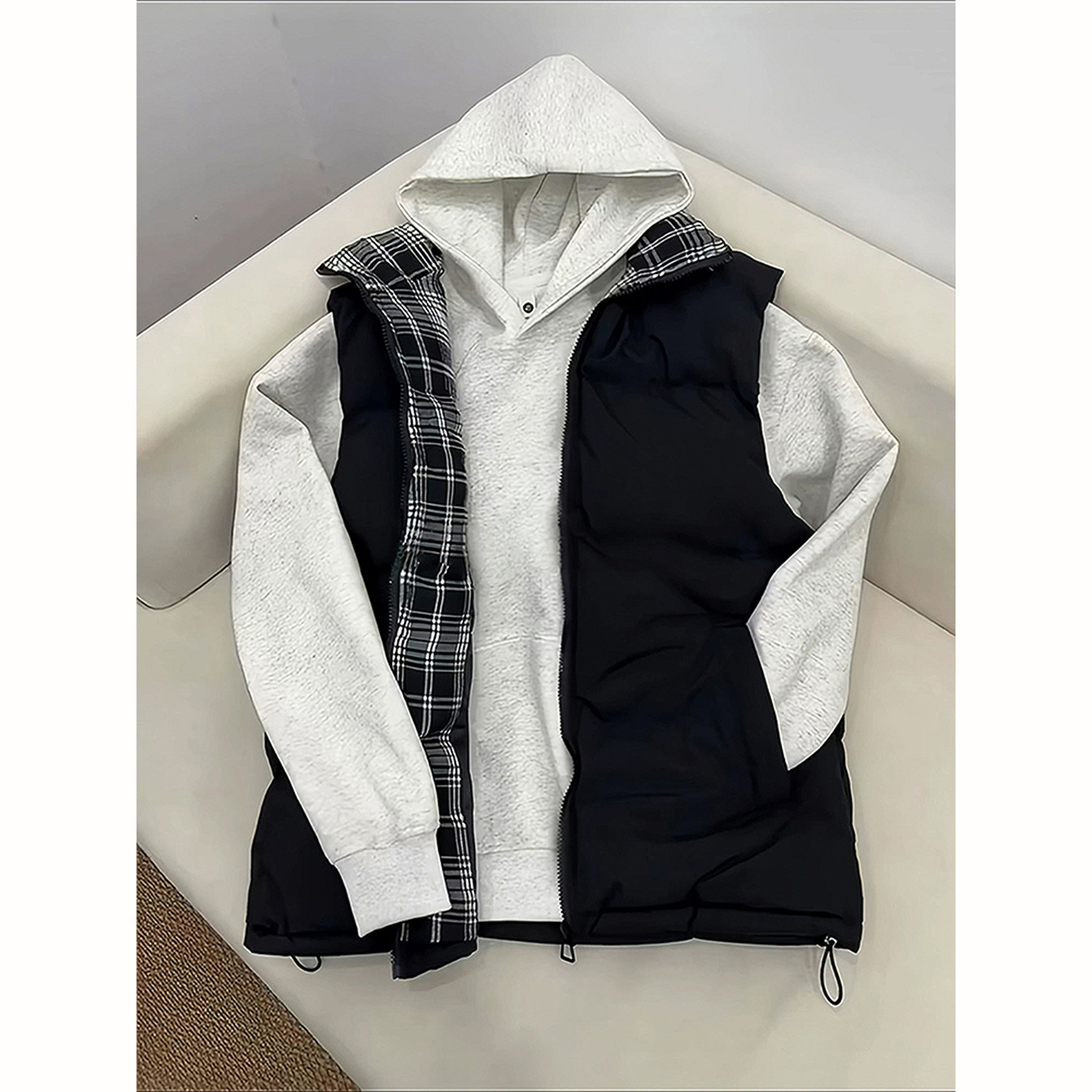 美式格子拼接棉服马甲男秋冬款