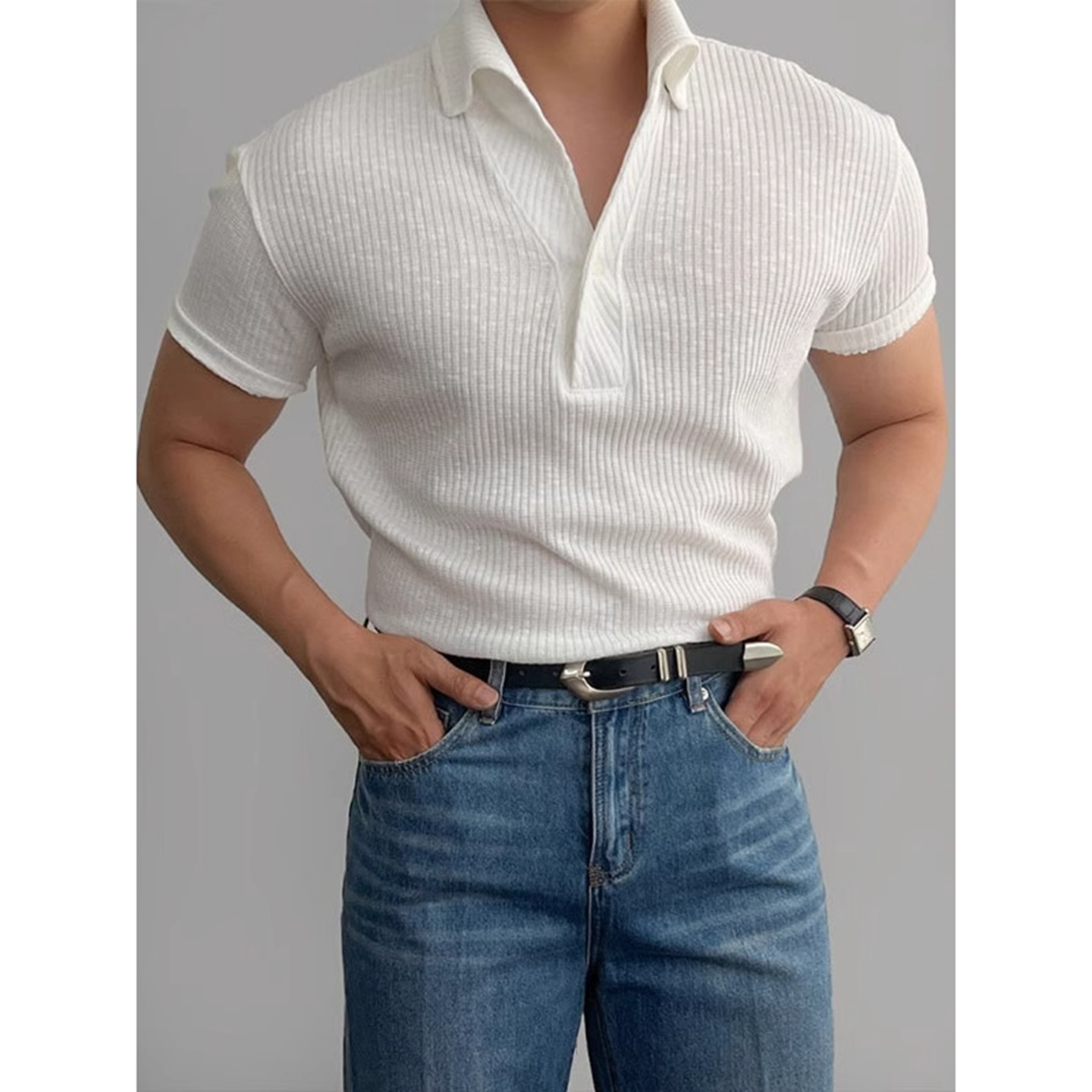 白色v领收袖口收腰polo衫男夏季