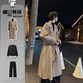 燕麦色中长款 外套双排扣过膝大衣 英伦风收腰西装 风衣男秋冬季 韩版