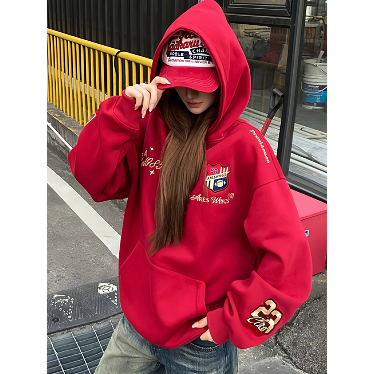 美式徽章刺绣卫衣男女冬季加绒加厚潮牌痞帅连帽衫学院风情侣外套