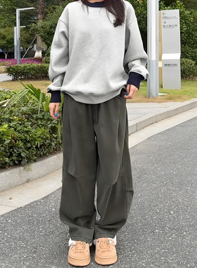 军绿色美式弯刀工装裤冬季男士高端修身小脚裤褶皱宽松加绒休闲裤