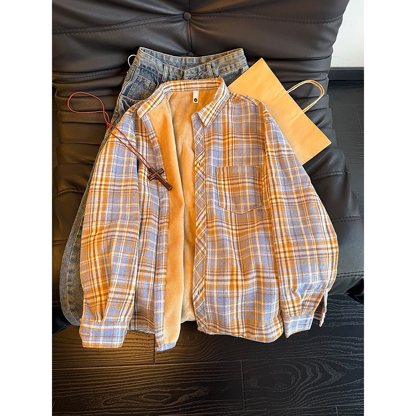 黄色格子长袖衬衫男冬季加绒加厚高级感情侣外套美式复古叠穿衬衣,男装,衬衫,淘宝优惠券,粉丝福利购,淘宝优惠卷