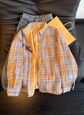 黄色格子长袖衬衫男冬季加绒加厚高级感情侣外套美式复古叠穿衬衣