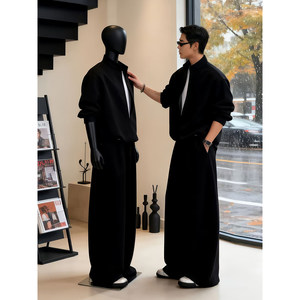 捕光男孩旗舰店黑色假两件v领卫衣男模高级感穿搭一整套韩系老钱风重磅阔腿卫裤