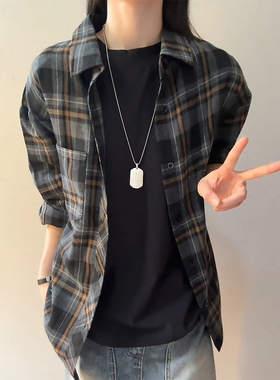 黑色美式复古格子衬衫男秋季慵懒风磨毛衬衣ootd穿搭叠穿情侣外套