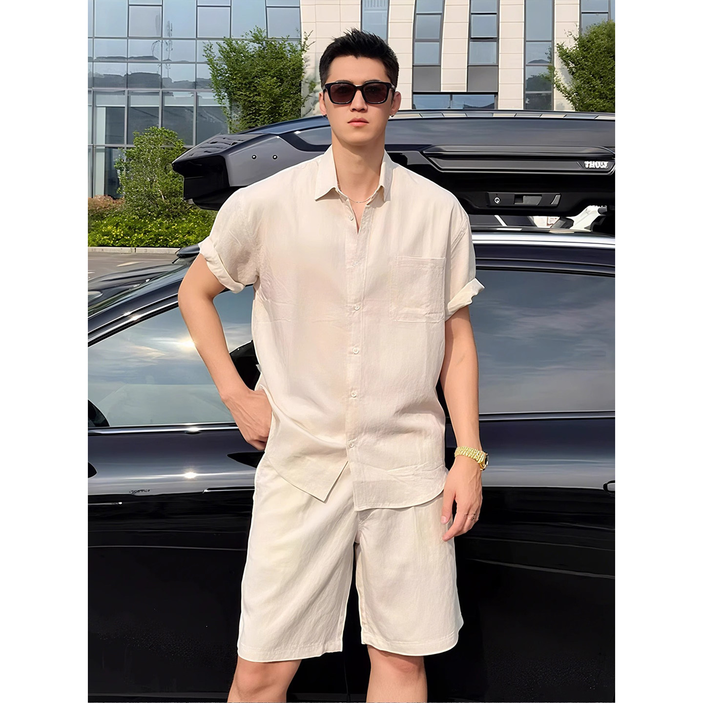 老钱风亚麻衬衫套装男夏季短袖短裤两件套慵懒松弛感棉麻防晒衬衣,男装,时尚套装,淘宝优惠券,粉丝福利购,淘宝优惠卷