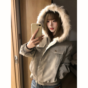 连帽棉衣高街轻量化棉袄子 工装 皮毛一体座山雕棉服男款 外套冬厚款