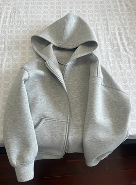 浅灰色拉链开衫卫衣男秋季美式重磅硬挺廓形外套潮牌休闲连帽外套