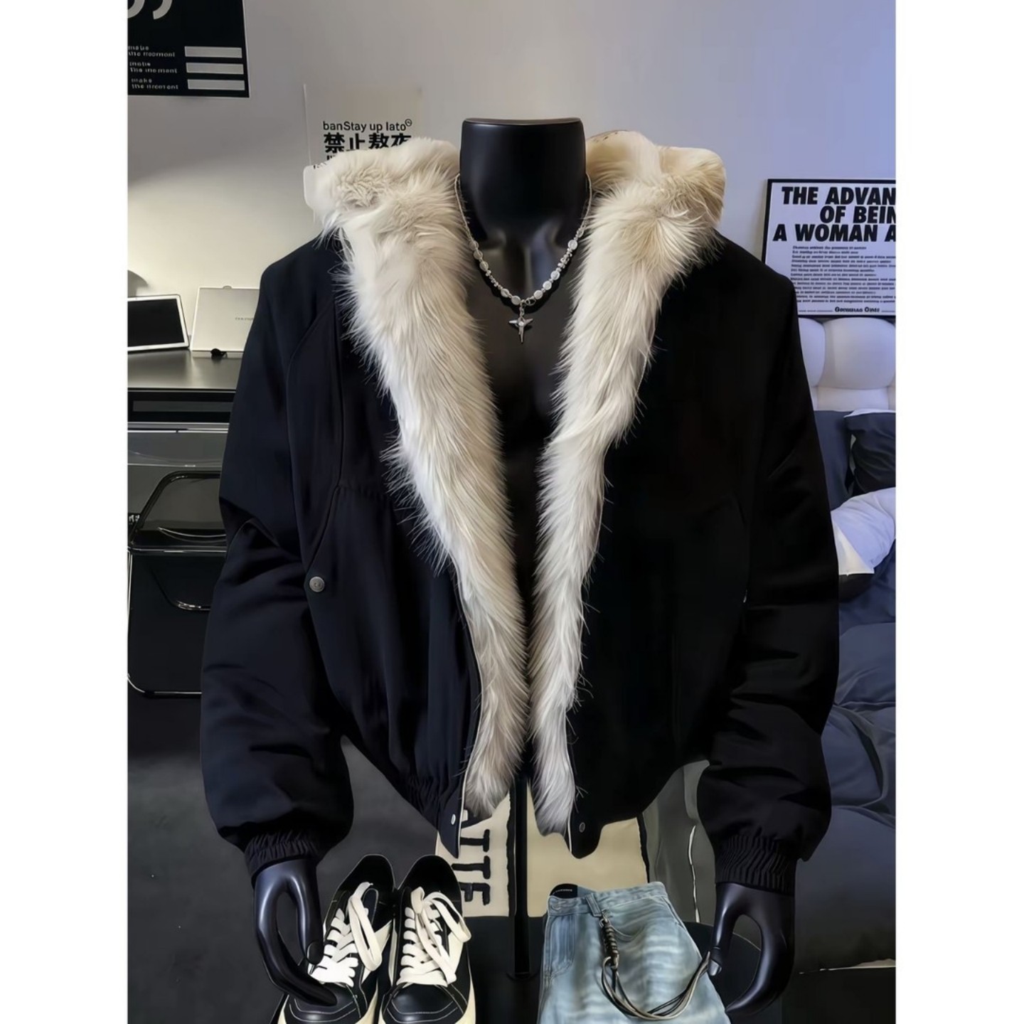 黑色大毛领座山雕棉服男款冬季加厚防风防寒服短款连帽棉袄子外套